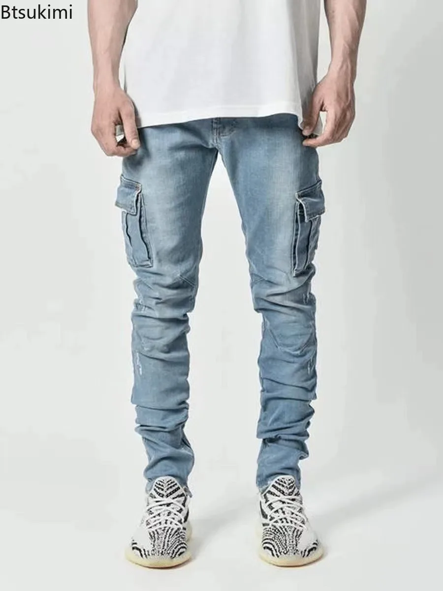 New Men's Washed Jeans Solid Color Multi Pockets Cargo Pants Mid Waist Slim Denim Pants Daily Casual Wear Male Joggers Trousers