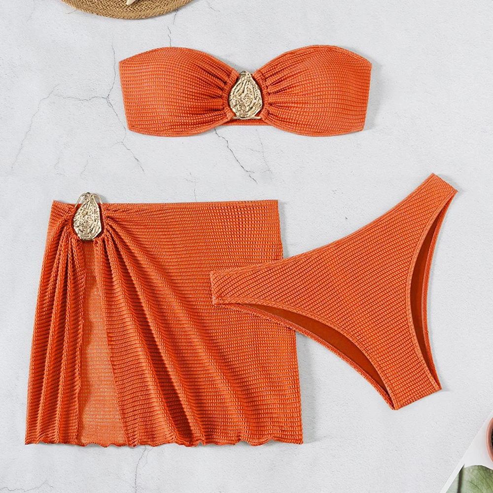 Trajes de baño lisos marrones, conjuntos de Bikinis Bandeau sin tirantes, traje de baño Sexy de 3 piezas para cubrir, Bikini con hebilla de Metal para mujer 2025, ropa de playa