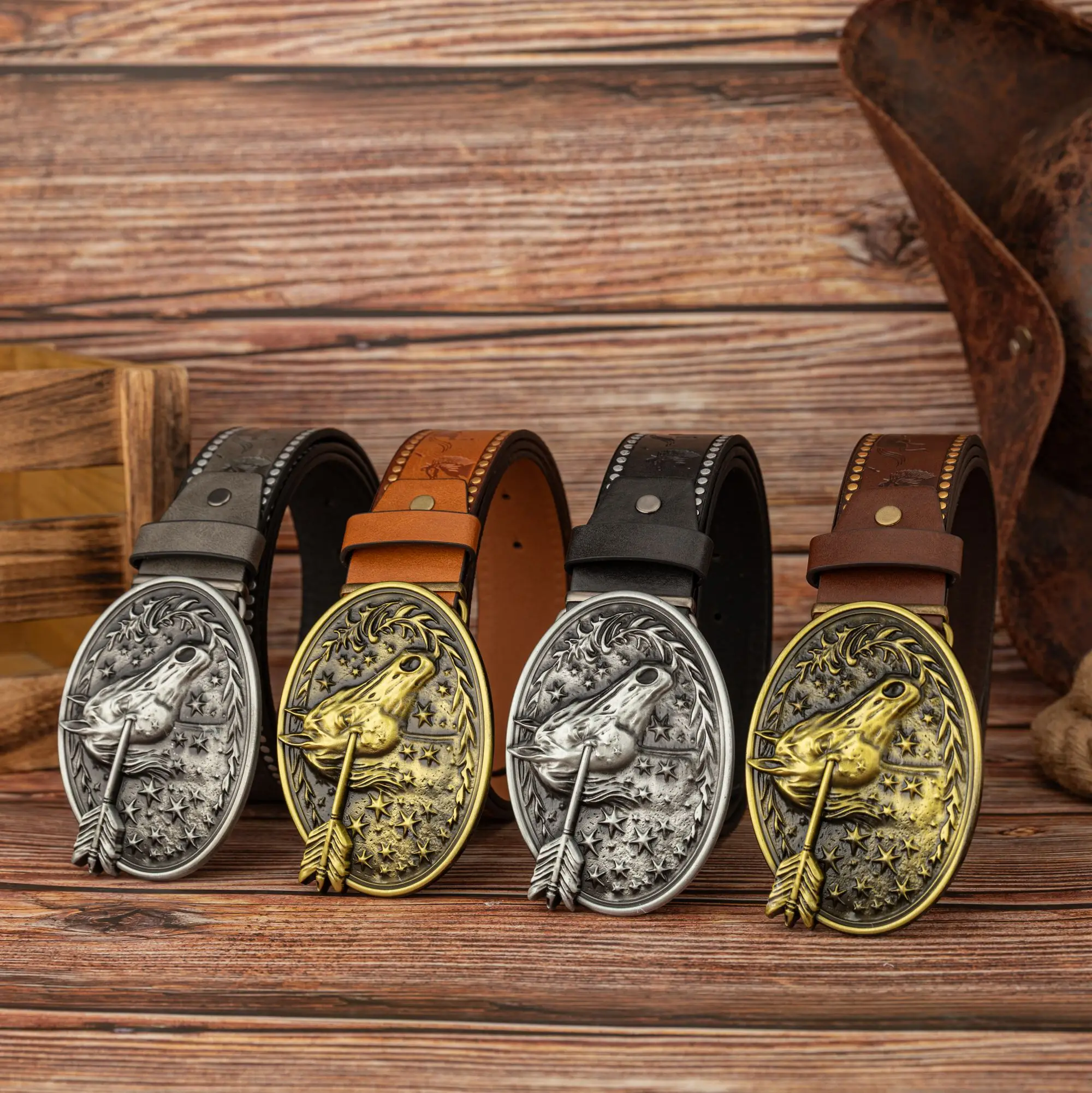 

Trendy Rock Horse Head Zinc Alloy Buckle PU Leather Hand-Painted Belt Ellipse Arrow Unisex Waist Belt Fashion Accessory