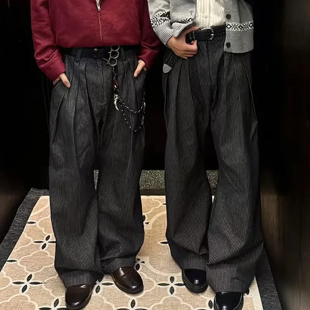 

Мужские полосатые брюки с широкими штанинами, высокой талией, свободного прямого кроя, в повседневном ретро-уличном стиле, новинка 2026 года