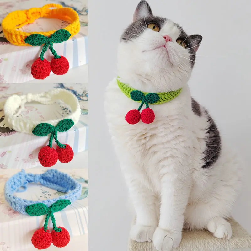 Handmade Knitted Cherry Collars, Cute Lace-up, Adjustable, Personalized Accessories, Pets, Dogs, Cats, Collars