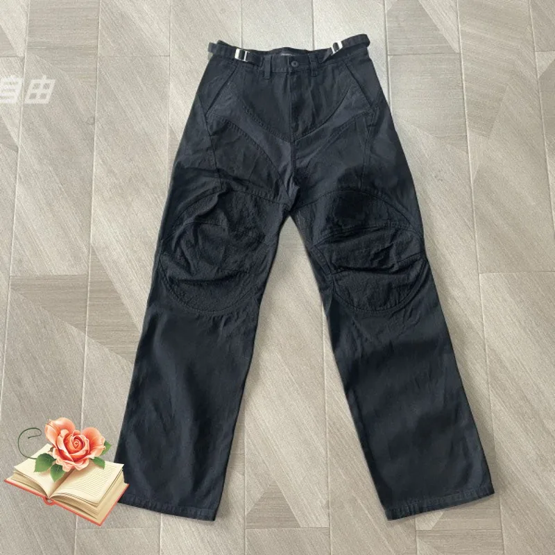 

Project G/R Coated Waxed Motorcycle Armor Splic Pleated Silhouette Mini Flare Pants Men Women High Quality Casual Black Trousers