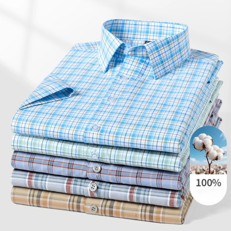 160KG Men's Shirts Big and Tal Classic Plaid Stripe Oxford 100 Cotton Short sleeve Shirt for Men Shirt Short sleeve Plus Size