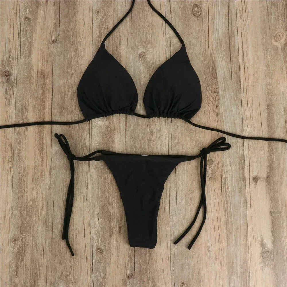 Maillot de bain deux pièces pour femmes, bikini, sexy, string, culotte tanga, couleur unie, vêtements de plage