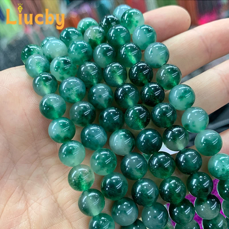 ธรรมชาติจีนลูกปัด Moss หญ้าสีเขียว Chalcedony Jades หินรอบลูกปัดสําหรับเครื่องประดับ DIY สร้อยคอต่างหู 15 "ขายส่ง