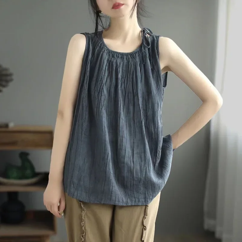 패션 솔리드 얇은 코튼 린넨 탱크 탑 여성 Camis Blusas 루즈 캐주얼 여름 민소매 셔츠 여성 의류 Camiseta Mujer