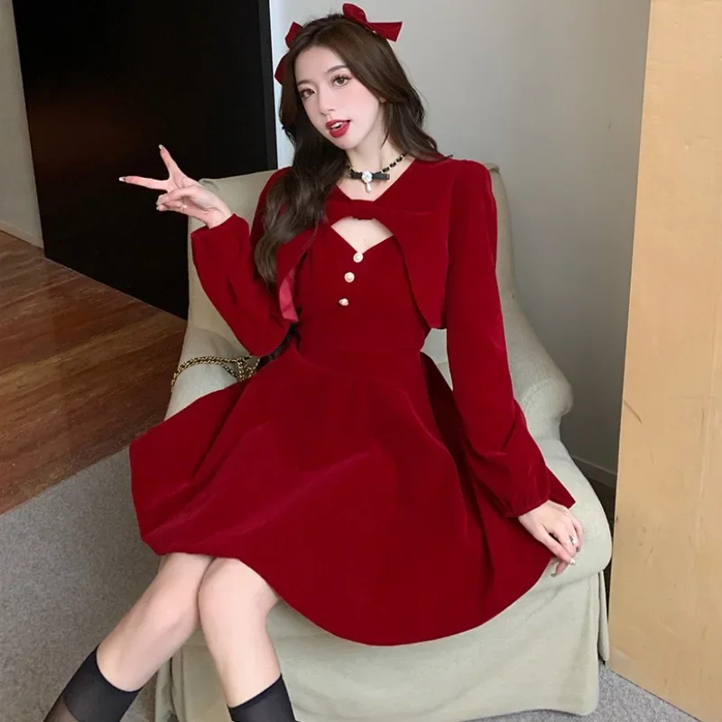 Fashionable Christmas New Year Set Autumn Winter 2024 New Elegantly Designed Shoulder Drape Dress Two-Piece Set For Women