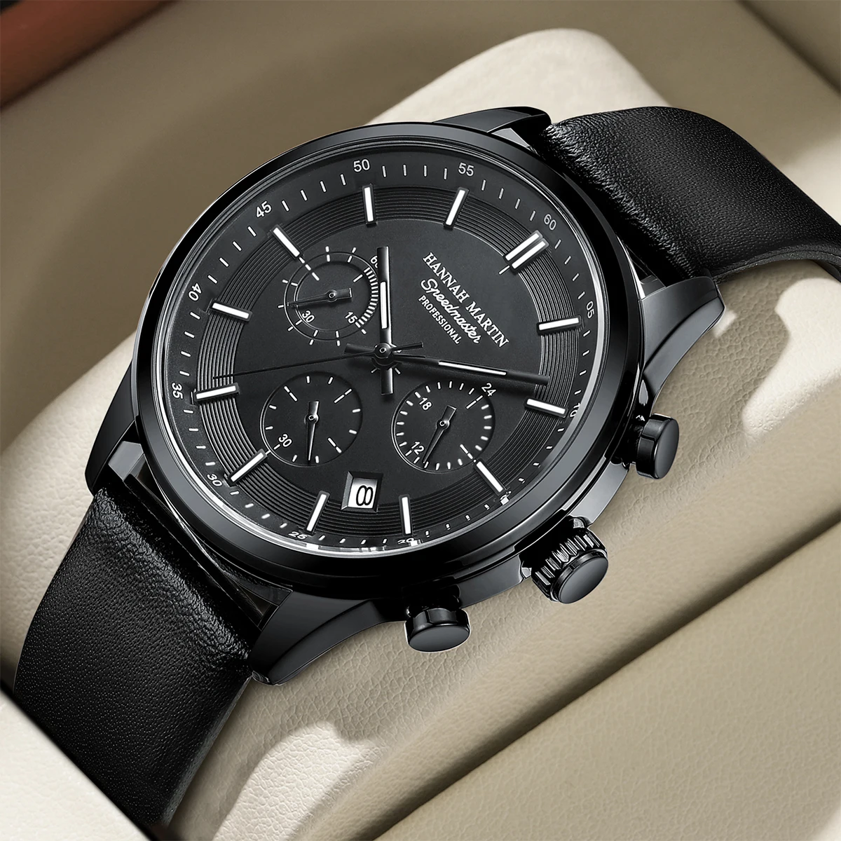 Hannah Martin 1431 Brand Men's Watch Multifunctional Chronograph Automatic Date Casual Leather Quartz Business Watches for Man