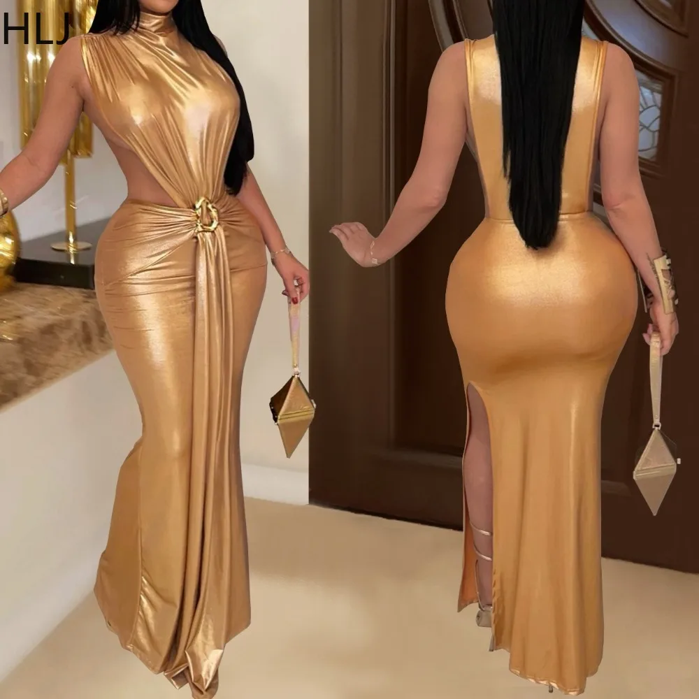 

HLJ Sexy Hollow-out Bodycon Long Dresses for Women Solid Color Sleeveless High Slit Patchwork Dress Female Party Club Vestidos