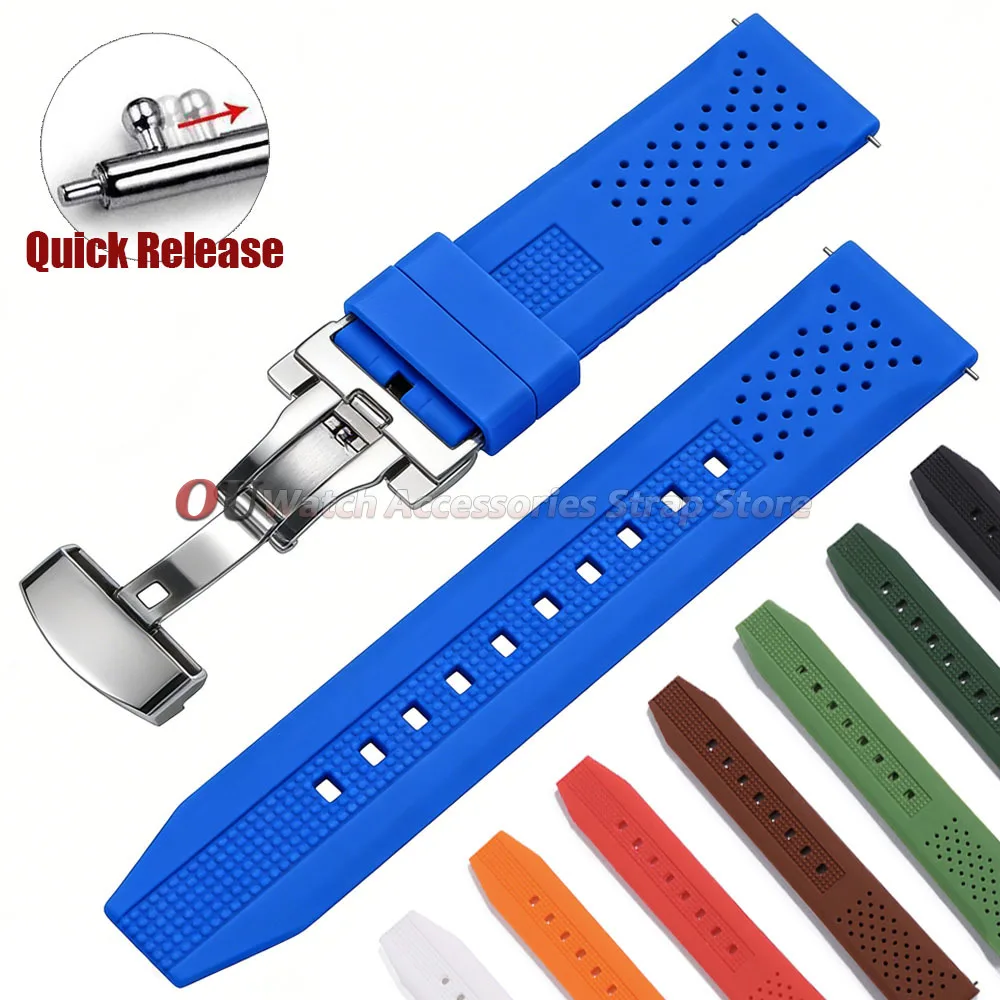 Bracelets en silicone 16mm 18mm 20mm 22mm 24mm pour Seiko pour Omega, bracelet de montre en caoutchouc à dégagement rapide, respirant, avec boucle papillon
