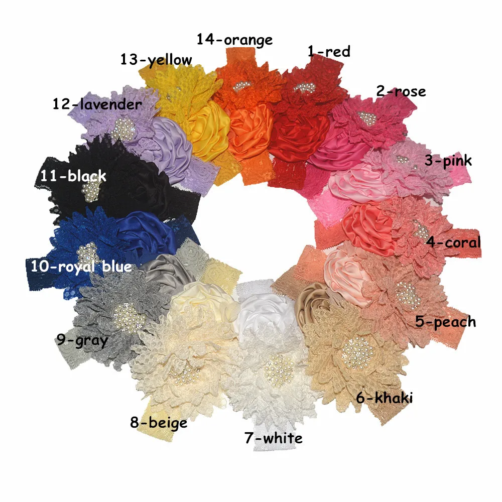 Babys girls Flower Headbands Newborn Infant Pearl Flowers With Lace wide Headwear Bebes Hair accessories Phoro props Kids Turban