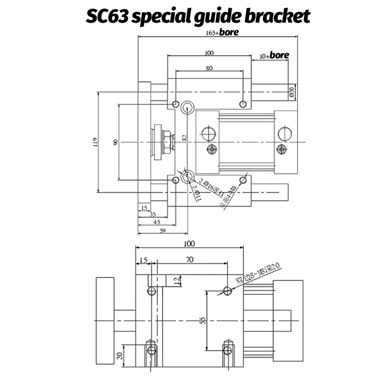 SC Standardzylinder Drei-Achsen-Drei-Führungs-Zylinder Führungsrahmen Pneumatischer Führungsständer SC32 40 50 63-50 75 100 200 300 400 500 – Detail 10