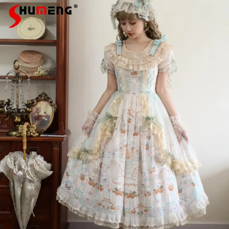 

Original Lolita Cla Princess Dress Op Girls Woman Japanese High Waist Slim Elegant Cute Print Lace Edge Suspender Dresses Jsk