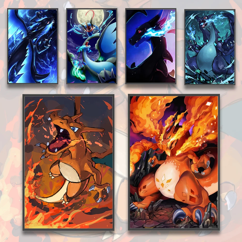 Pokemon Japanese Anime Self-adhesive Charizard Poster Peripheral Modern Room Decoration Computer Wall Wallpaper Kid Gift