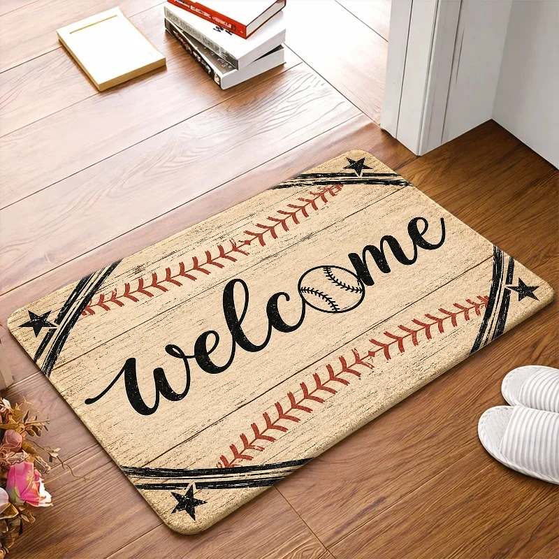 1pc Vintage‑Baseball Print Welcome Doormat, Washable Indoor Outdoor Floor Mat for Living Room, Bedroom, Office