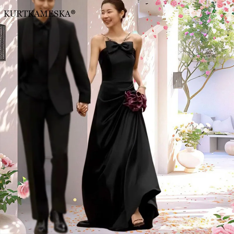 

Атласные корейские сексуальные свадебные платья с бантом на молнии сзади, свадебные платья для фотосессии, черное платье, элегантное женское платье для свадебной вечеринки