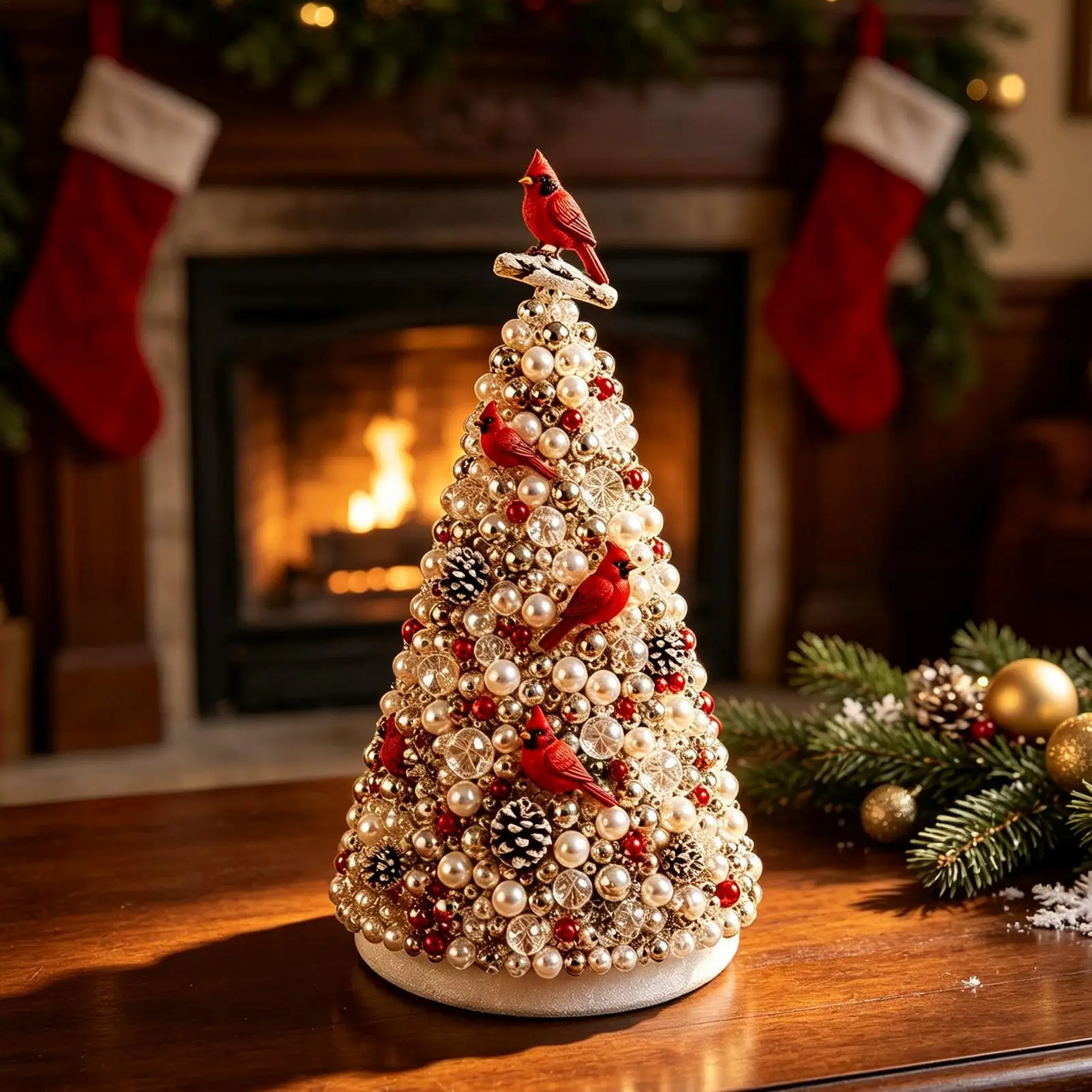 19X9cm Beaded Christmas Tree Kit with Pearl Red Bird Charm, DIY Craft Ornament Making Set, Holiday Nativity Wall Decor