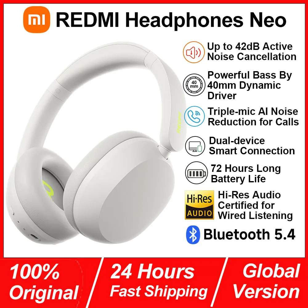 Xiaomi REDMI Headphones Neo, Up to 42dB ANC, 3-mic AI Call Noise Reduction, Fast Charging & Fast Pair™, Adjustable Headband