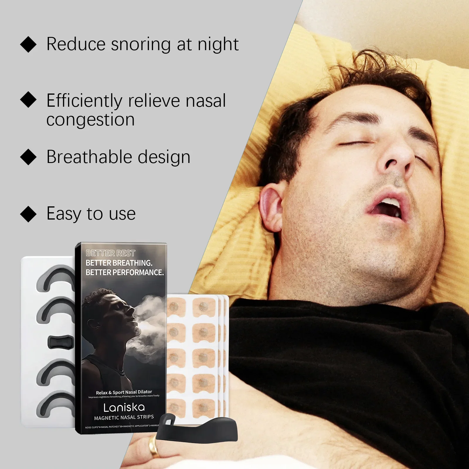 Anti Snore Magnetic Nose Strips, Skin Safe Breathing Aid Nasal Dilator for Oxygen Boost & Better Sleep Starter Kit