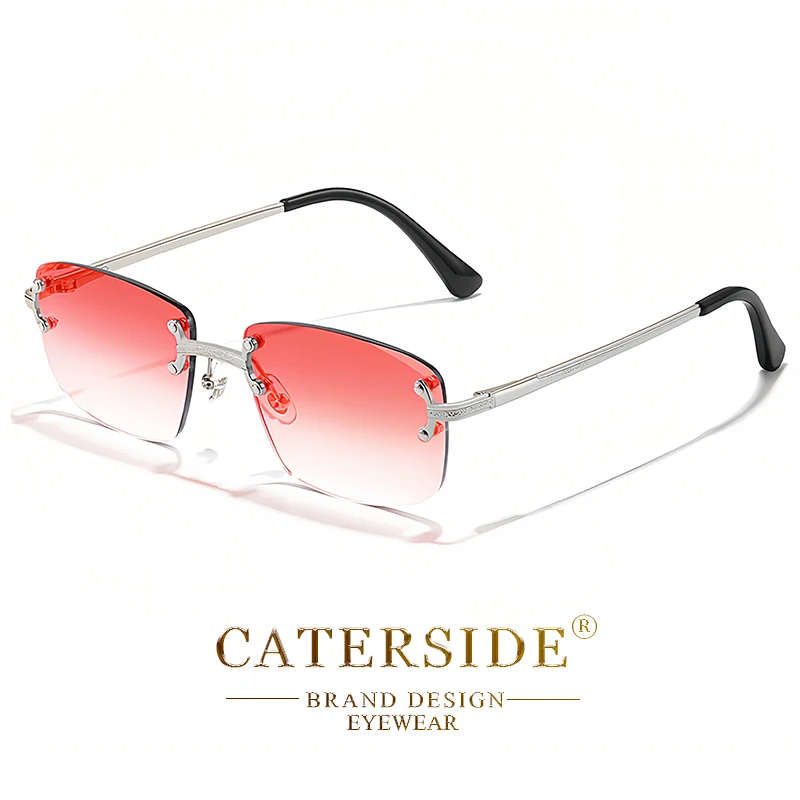 CATERSIDE Retro-Sonnenbrille mit randlosem Metallrahmen und Farbverlauf für Herren, Punk-Luxus-Damenbrille, kleine rechteckige Sonnenbrille – Detail 14