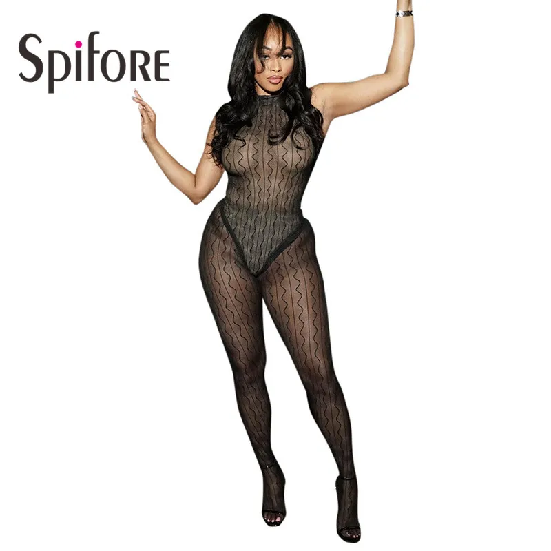 

Spifore Sexy See Through 2 Two Piece Set For Women Black Sleeveless Bodysuits High Waist Skinny Pants Nightclub Party Outfits