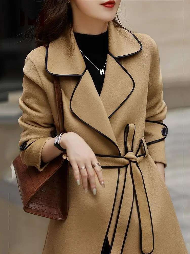 

Fashion Women's Wool Coats Lapel Long Sleeve Loose Belt Contrast Coat 2023 Autumn Winter High Quality Elegant Lady Warm Outerwea