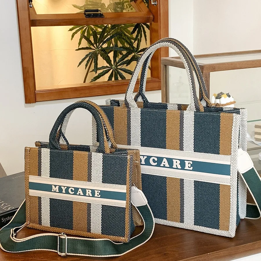 

2025 Retro Breton Stripe Tote – Women's Oversized Canvas Bag, 80s Revival, Handheld with Pockets, Stylish for Street/Work