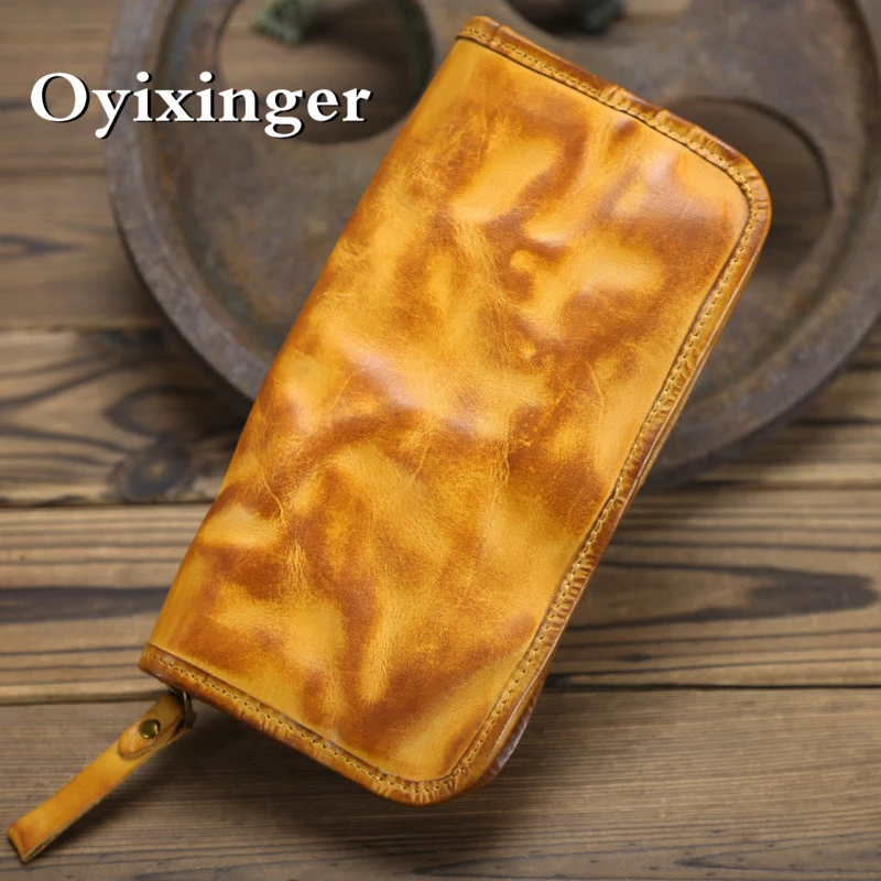 OYIXINGER-cartera de piel de vaca Vintage para hombre, Cartera de mano grande, informal, hecha a mano, de negocios, cuero genuino, 2024