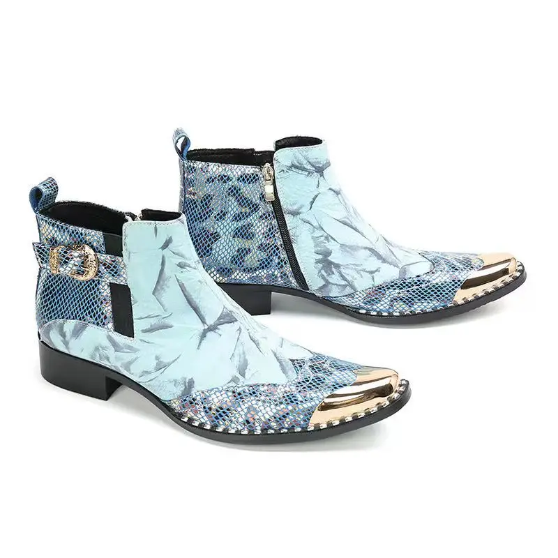 Coogerlove Punk-Stil Männer blau Echt leder Stiefel Metall quadratische Zehen Schnalle Niet Motorrad Stiefel Winter männliche Party Stiefel – Detail 19