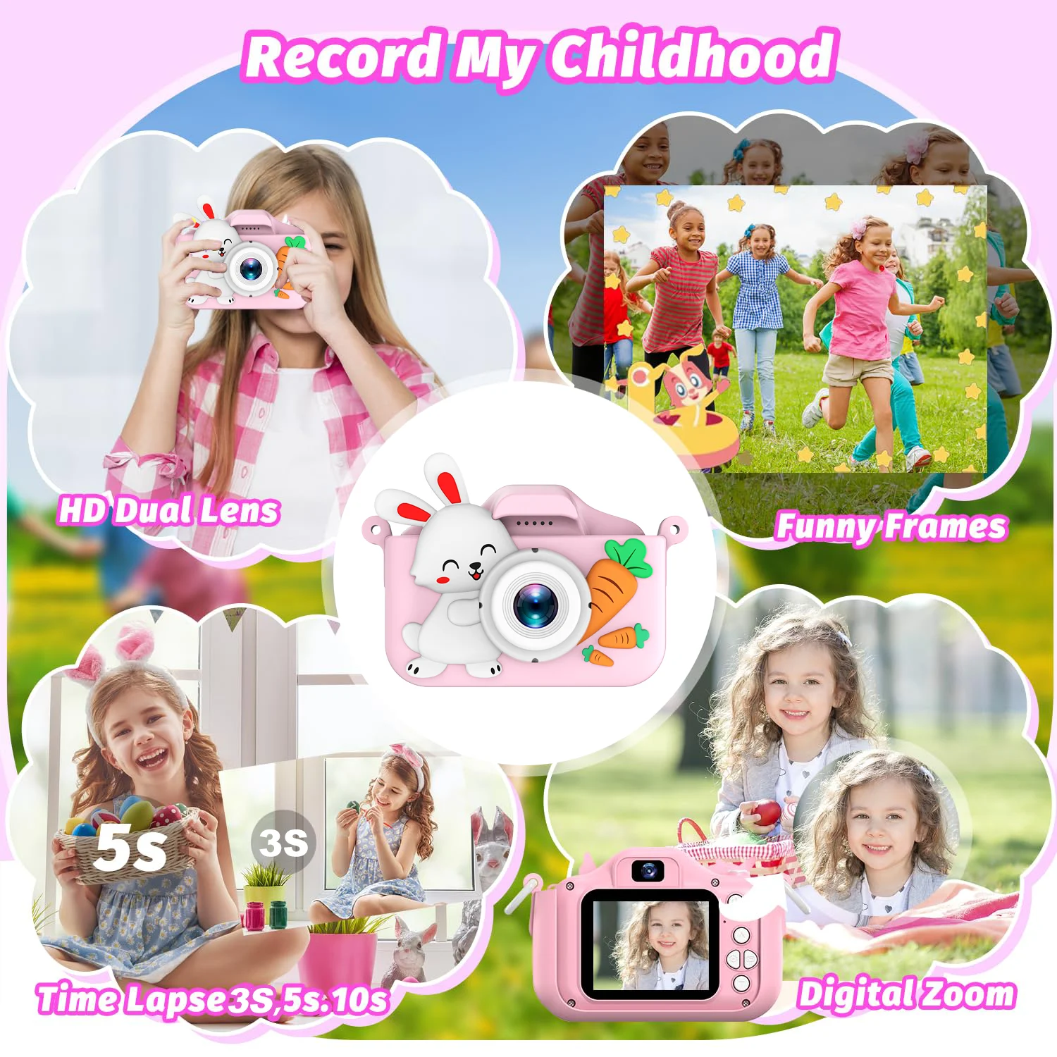 Caméra pour enfants, double caméra, HD 1080P, 48MP avec enregistrement vidéo Cadeau d'anniversaire parfait pour les enfants Idéal Noël, Halloween ou Bir