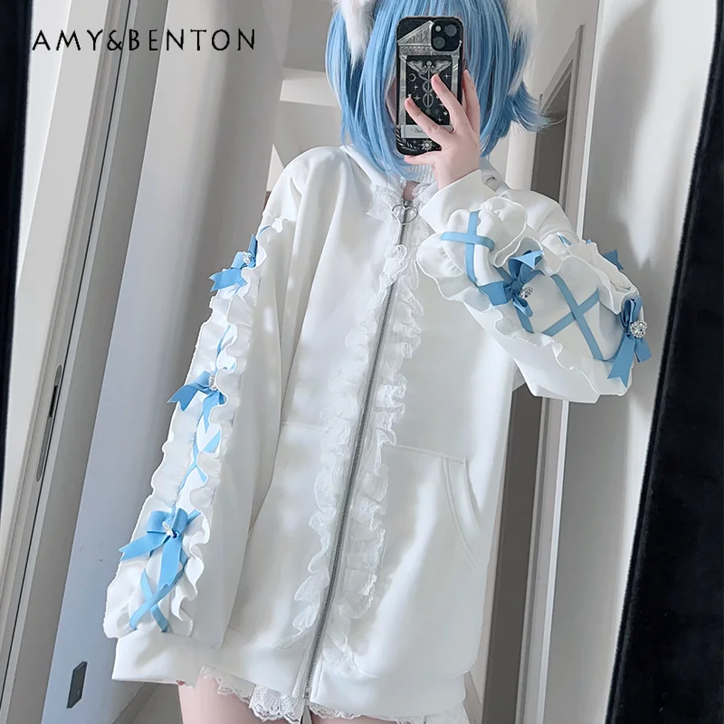 

Subculture Mine Series Kawaii куртка с капюшоном и кроличьими ушками, японская милая кружевная лоскутная куртка с бантом и длинными рукавами, свободные куртки для женщин