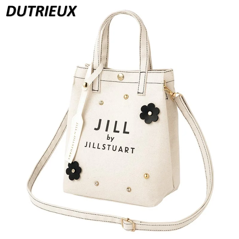 

Japanese Style Ladies Handbag Flower Rhinestone Button Canvas Bags Female Fashion Elegant Bag Sweet Cute Women's Handbags