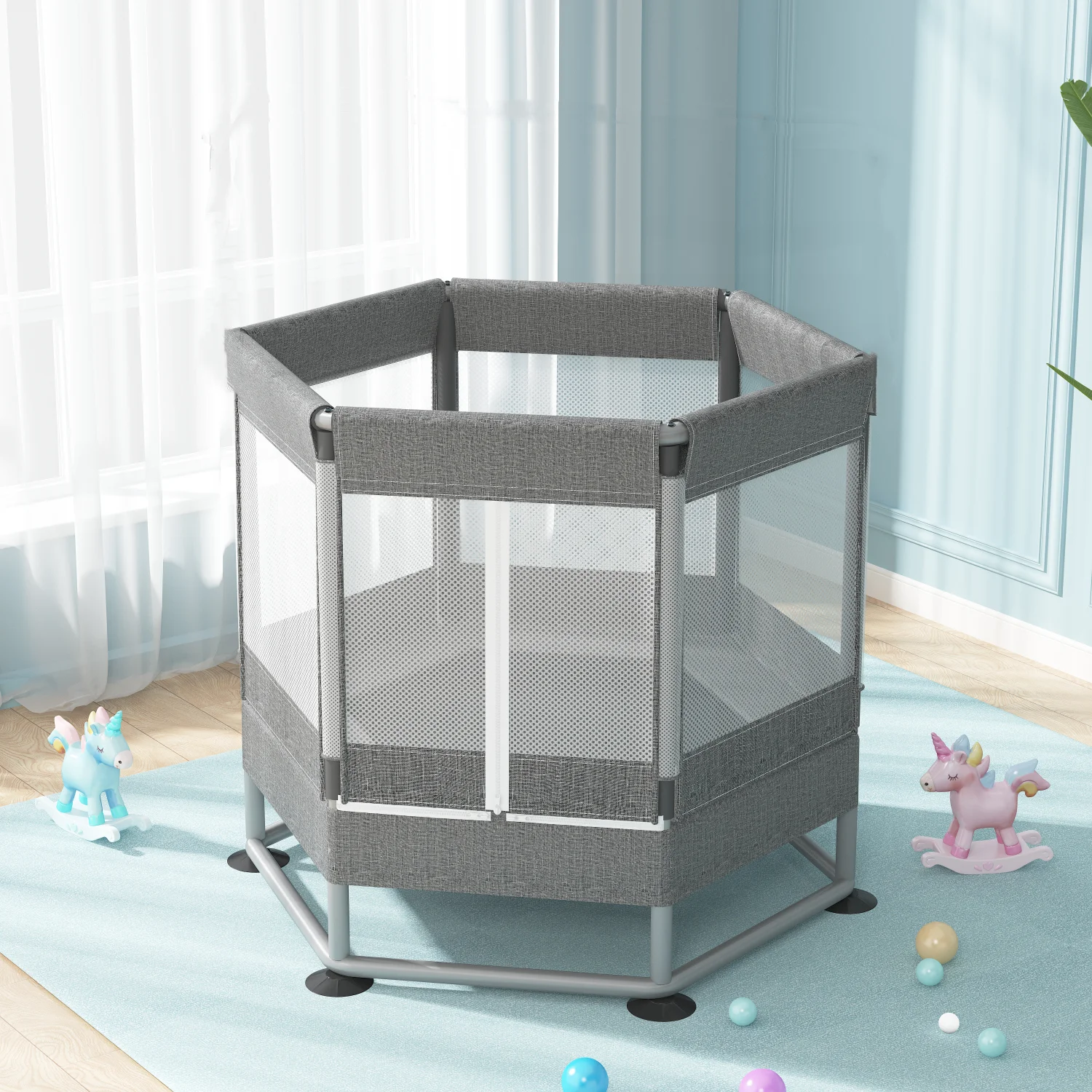 Kids Trampoline Indoor Bed Jumping Toy Crawl PVC Material Boy Girl with Protective Net Hexagonal Design for Adults and Children