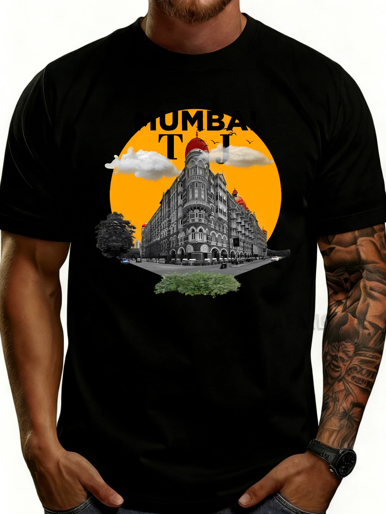 Casual Street Style Men's T-Shirt with a Taj Mahal Hotel Print and an Orange Sun Background, Perfect for Summer Travel, and Is an Ideal Gift for Men Who Love Indian Landmarks and City Exploration.