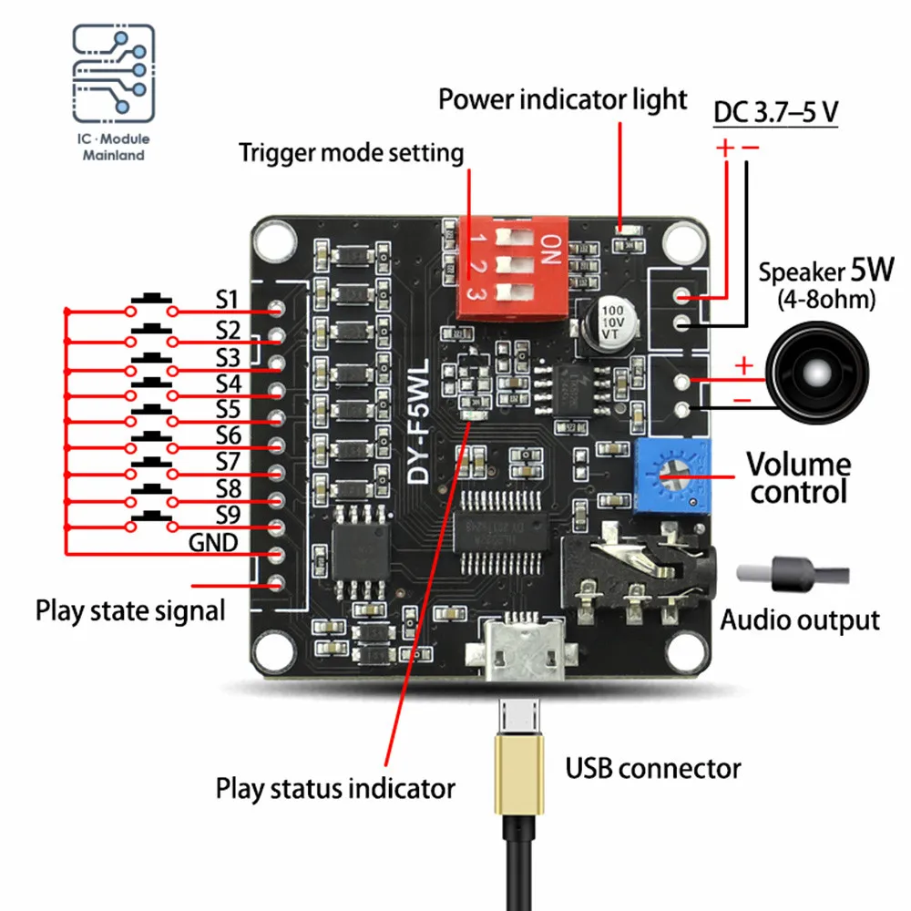 Commande de lecture vocale DC3.7-5V Tech 5W Power Trigger 32M Memory btAudio F5WL MP3 Voice Playback Tech pour Ardu37