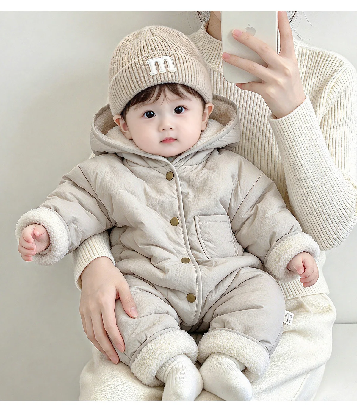 Infant Winter Korean Jumpsuit Quilted Thick Sherpa Hooded Outerwear Warm Crawler Padded Coat Jacket Trendy
