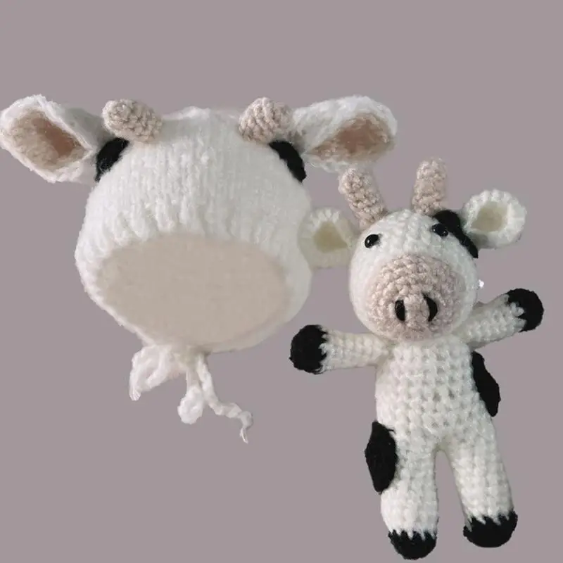 

Q6RE Baby Knit Beanie Hat and Cow for Doll Set Photography Clothes Costume Accessorie