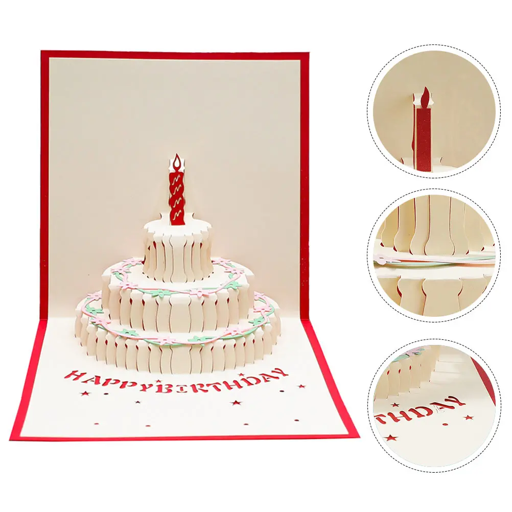 

2Pcs 3D Birthday Cake Greeting Cards Handmade Red Delicate Paper Blessing Cards for Friends Family Celebration Decor