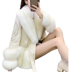 2023 Winter New Sheep Genuine Leather Fox Fur Fur Coat Women's Lace-up Fur Integrated Mid-Length Goose down down Jacket