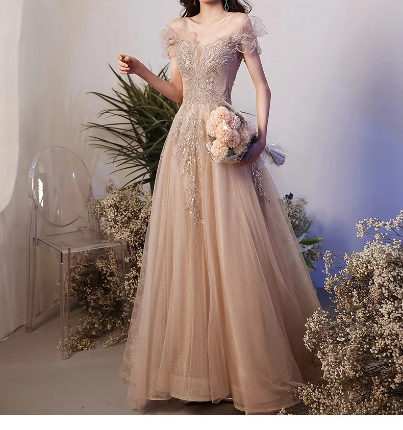 

Luxury Champagne Long Evening Dresses Boat Neck A-line Shiny Lace Applique Beaded Long Prom Formal Gowns Off The Shoulder New