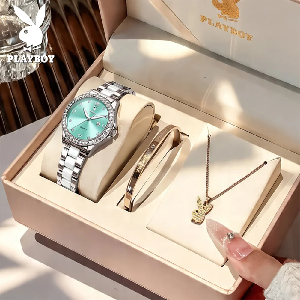 PLAYBOY 3555 Brand original authentic watch for woman Gift Box Quartz women's watch with ceramic strap between steel straps