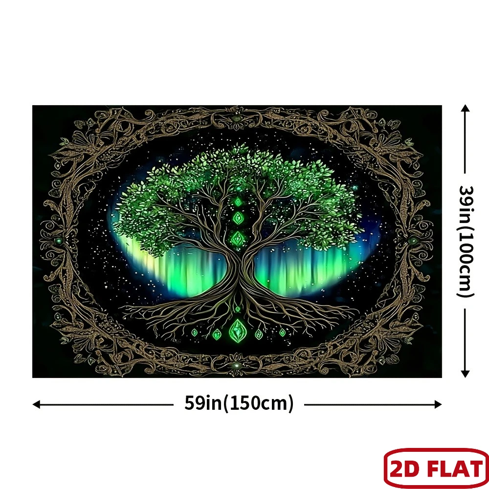 2D Flat - One Piece of a 2D Flat Banner Featuring a Boho Chic Green Leaf Mandala Tapestry, Showcasing a Mystical Tree of Life