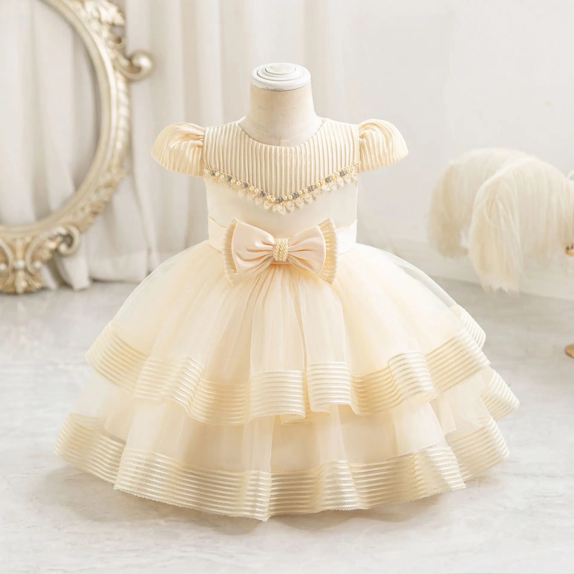 HETISO Striped Girls Wedding Party Dresses Baby Christams Holiday Layered Gown Toddler Kids Beading Clothes 6M-4 Years image 6