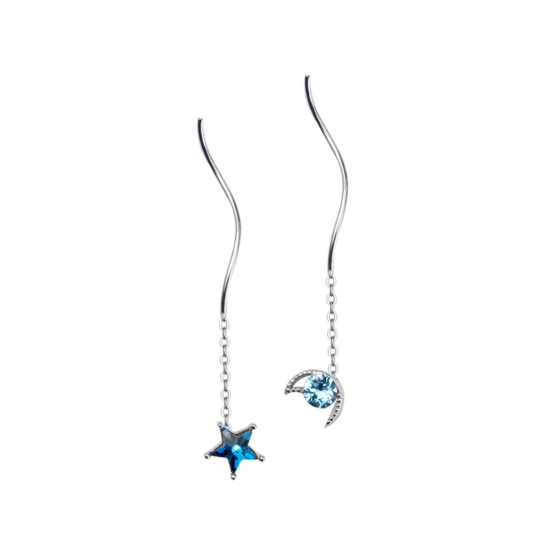 Modian Classic Long Chain Tassel Drop Earrings For Women Genuine 925 Sterling Silver Clear Blue Crystal Stars Moon Jewelry Gift