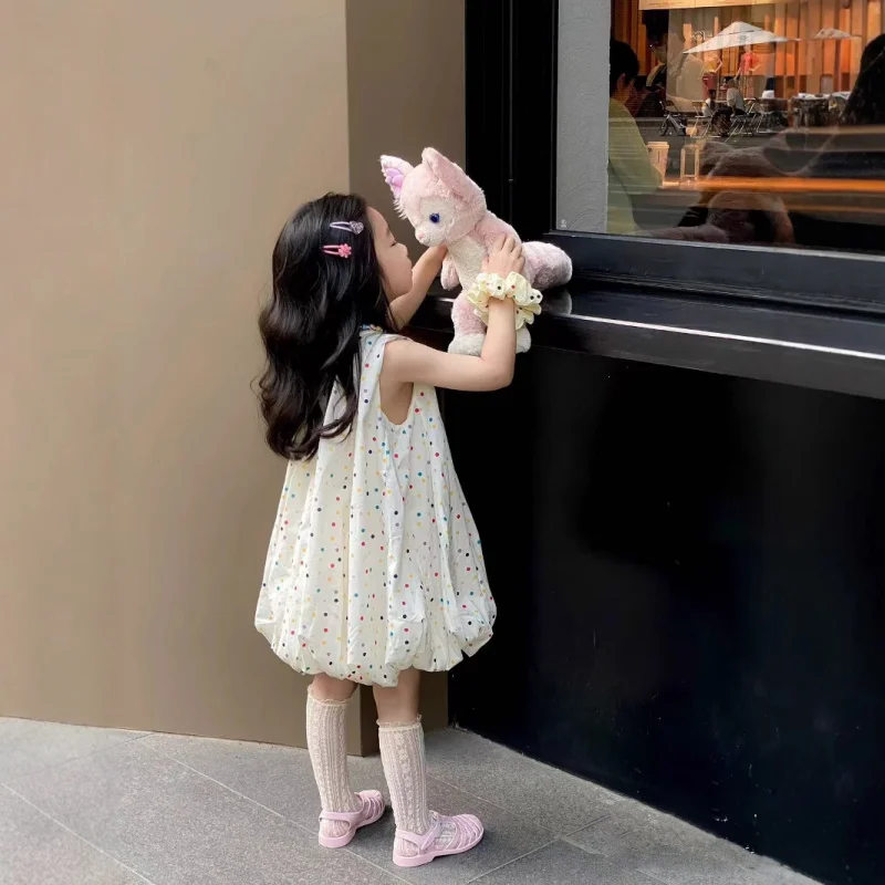Korean Children's Clothing Girls Sweet Dress2024Summer Dress for Little Girls Fashionable Colorful Dot Bud Vest Dress 4