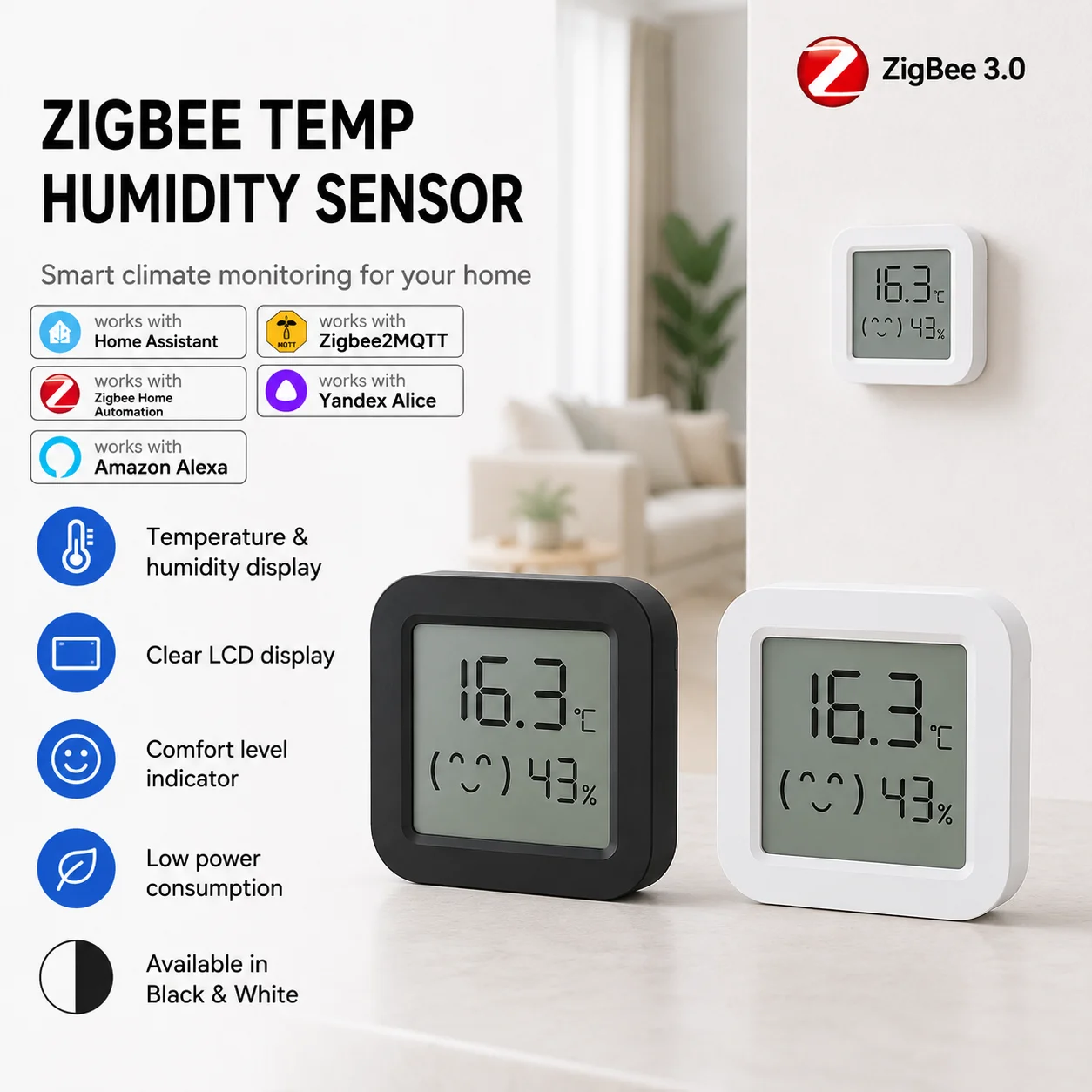 Zigbee 3.0 Temperature and Humidity Sensor Supports HA (Home Assistant), Alexa, Yandex, ZHA, and Zigbee2MQTT