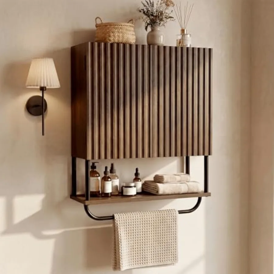 

Farmhouse bathroom wall cabinet: fluted 3-tier curved wooden medicine cabinet in walnut over-toilet storage with adjustable she