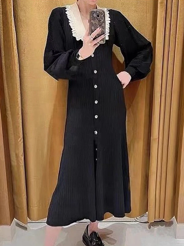 

Ele Knitted Long Dr with Bubble Sves And Lace Collar Autumn Beau Quali S Home Early Morning Tea Break Dr