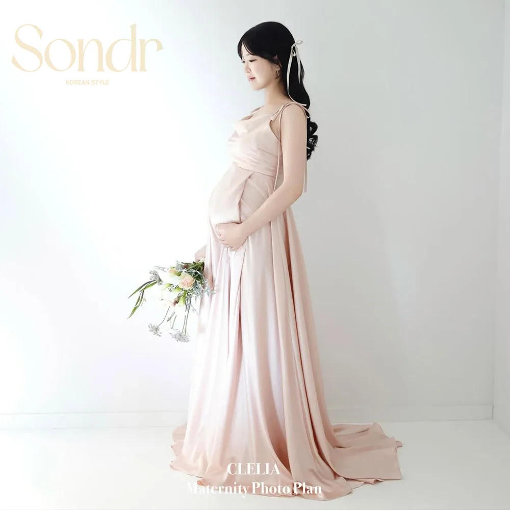 Sondr Customized Silk Satin Korean Wedding Anniversary Photo Shoot Dresses Pregnant Lady Crew Collar Women Photo Shoot Gown