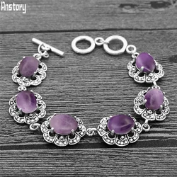 Oval Amethysts Bracelet Plum Flower Design Vintage Look Antique Silver Plated Natural Stone Fashion Jewelry TB334